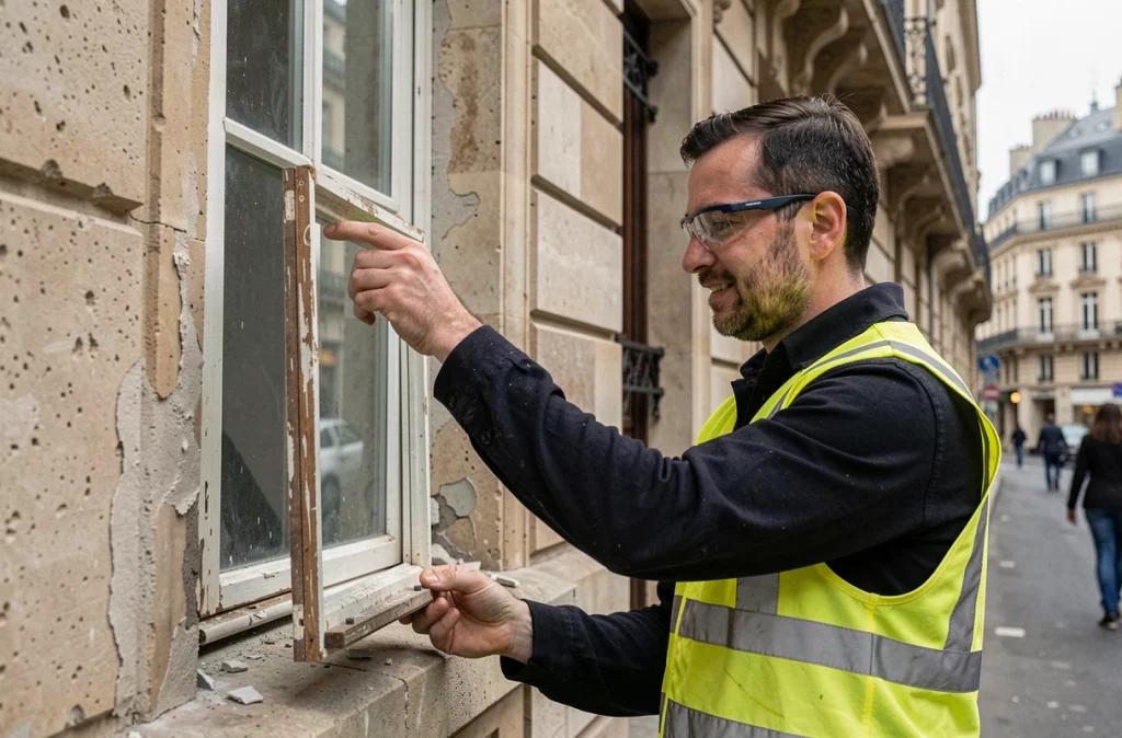 Spécialiste de rénovation retirant une ancienne fenêtre d'un immeuble classique à Orléans pour Renov'centre