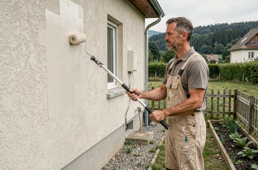 Spécialiste de Solurenov appliquant de la peinture extérieure sur une maison individuelle dans le village d'Argancy en Moselle