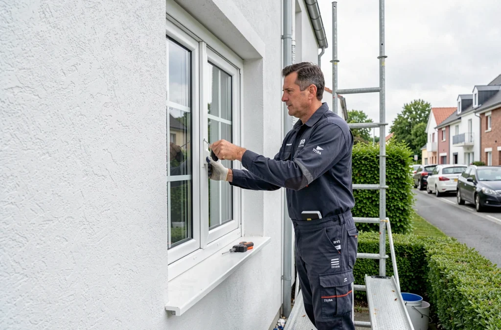 Installateur Tryba posant une fenêtre en PVC blanc sur une résidence moderne en Centre-Val de Loire