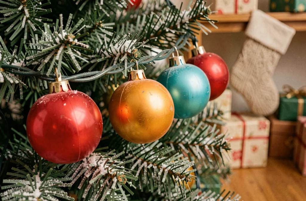 Gros plan sur une guirlande multicolore rétro enroulée autour d'une branche de sapin de Noël avec ornements vintage