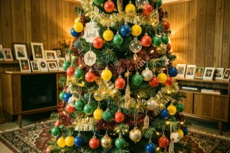 Sapin de Noël décoré d'une guirlande multicolore vintage style rétro années 70 dans un salon chaleureux